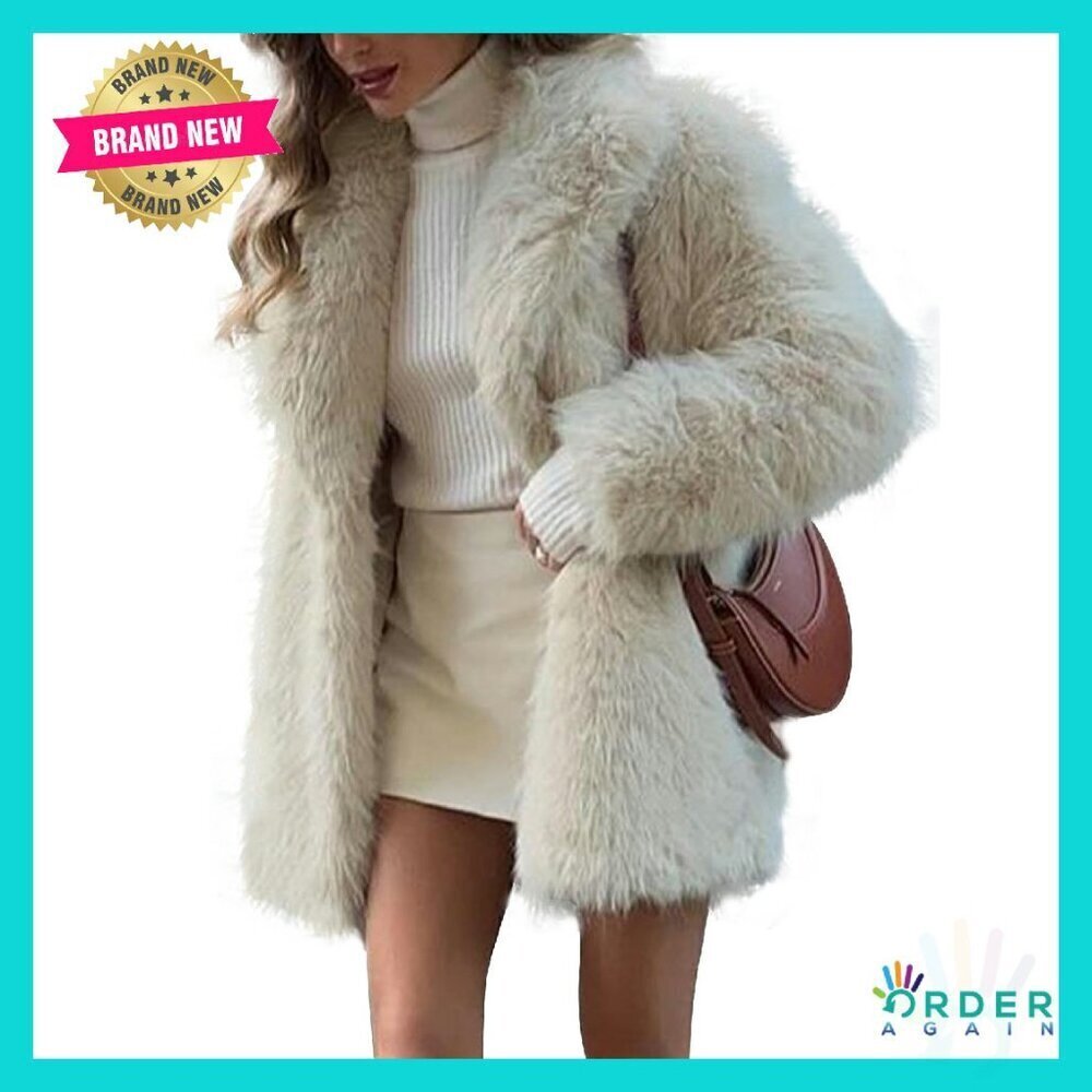 Faux Fur Coat Mid Length Plush Elegant Winter Outerwear Shawl Collar Chic